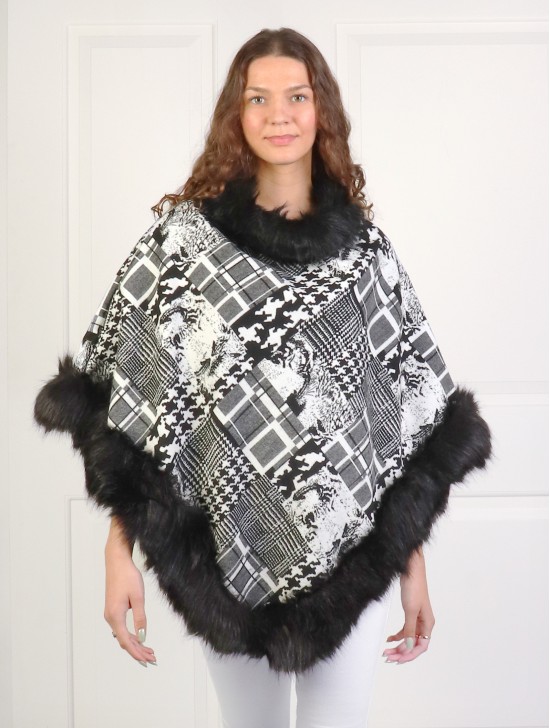 Black & White Chic Imitative Poncho W/ Fur Collar & Edge